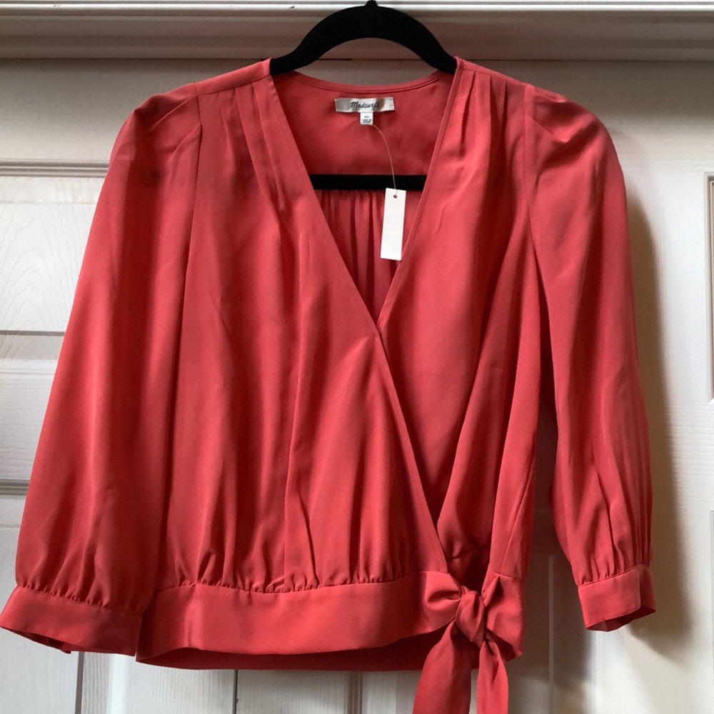 Madewell coral silk wrap top! Sz XS! NWT!